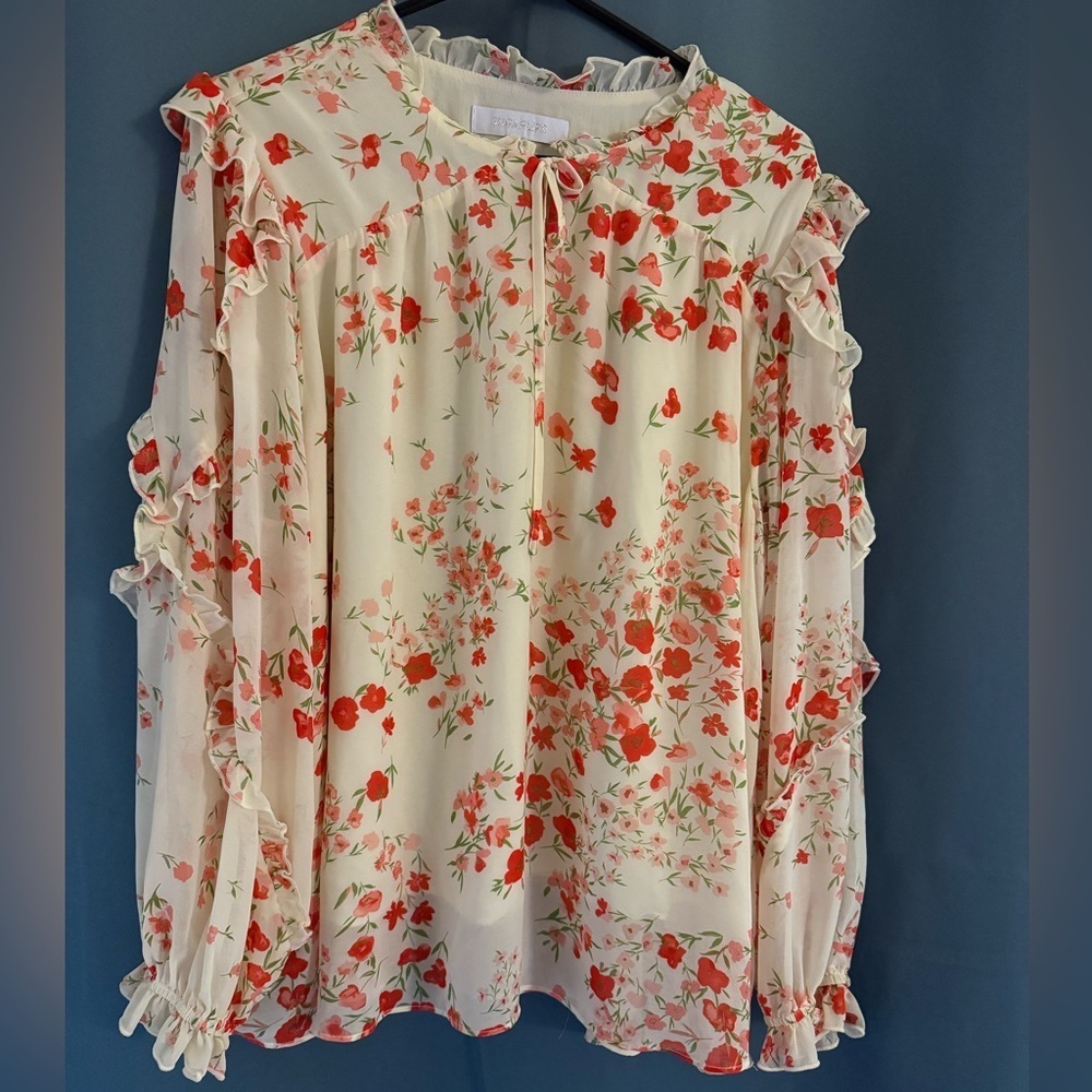 🌸 Sugar Lips Floral Ruffle Blouse – 2X – Cream & Red 🌸